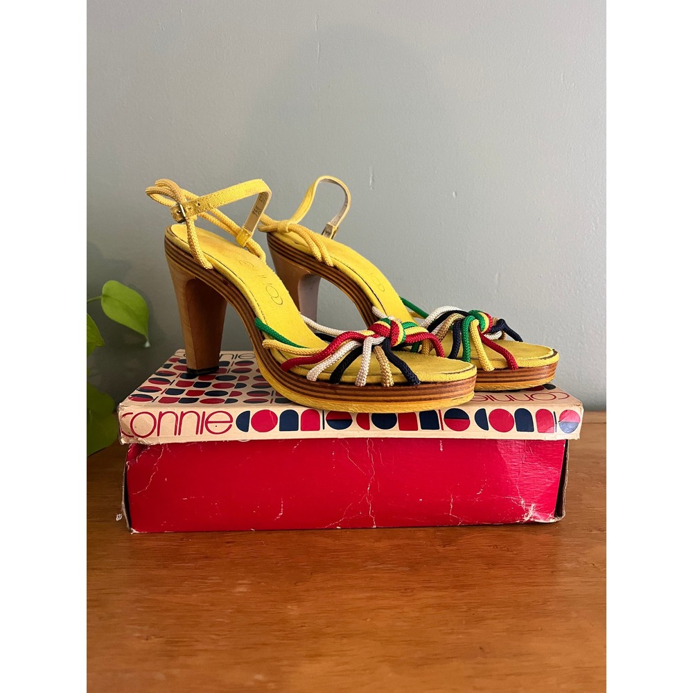 Vintage 70's Rainbow Strappy Wood Heels Rope Yellow Boho Disco Shoes 9.5M